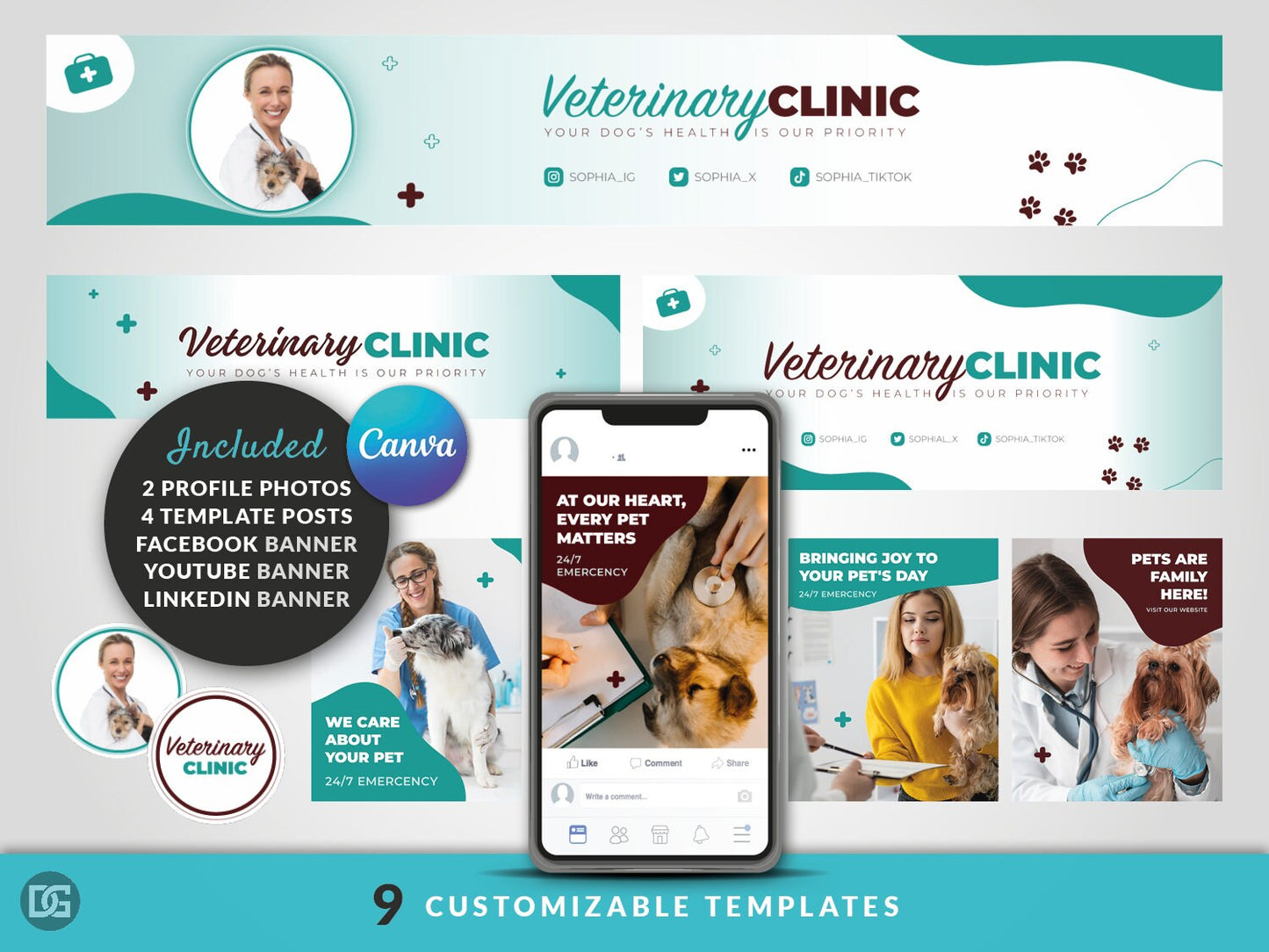 Editable Canva template, DIY social media kit Canva design, Linkedin YouTube Facebook templates, customizable banner posts and profile photo
