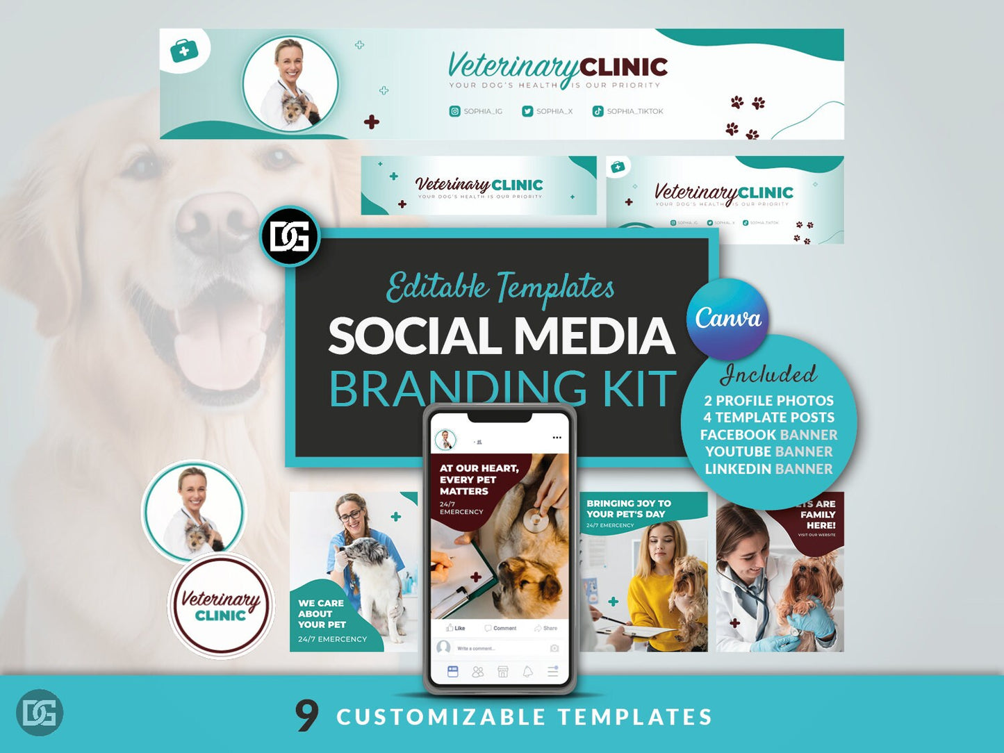 Editable Canva template, DIY social media kit Canva design, Linkedin YouTube Facebook templates, customizable banner posts and profile photo