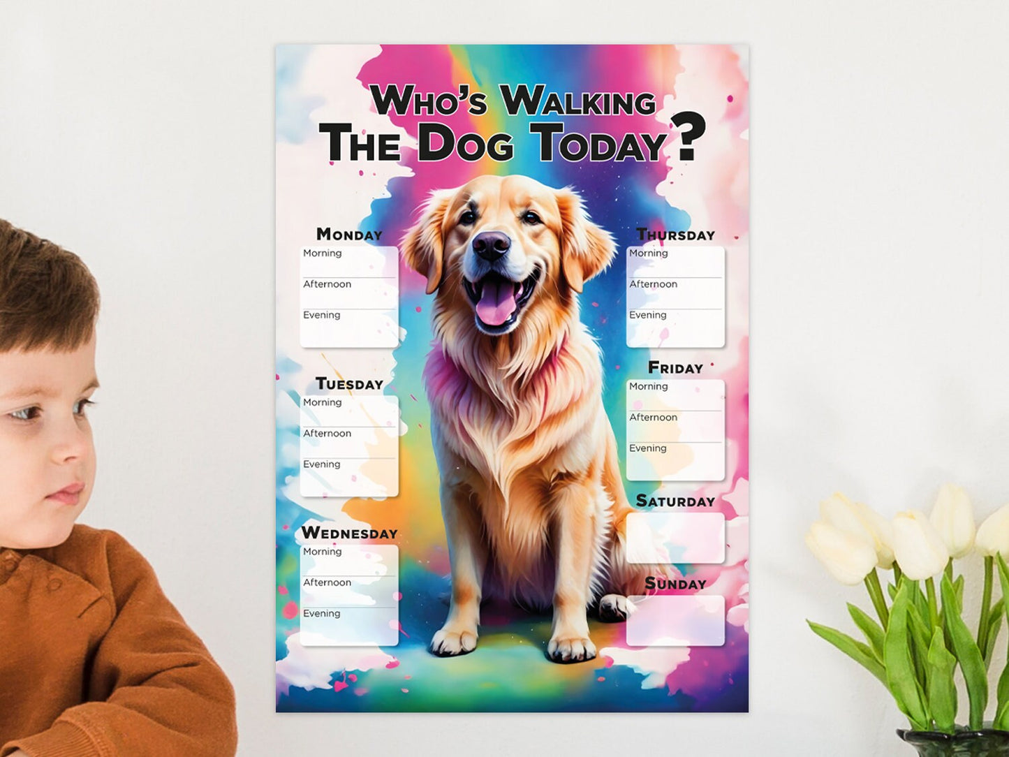 Printable Golden Retriever Dog weekly walking planner schedule, Planner Sheet for dog walking, Dog lover gift, family gift home kitchen fun