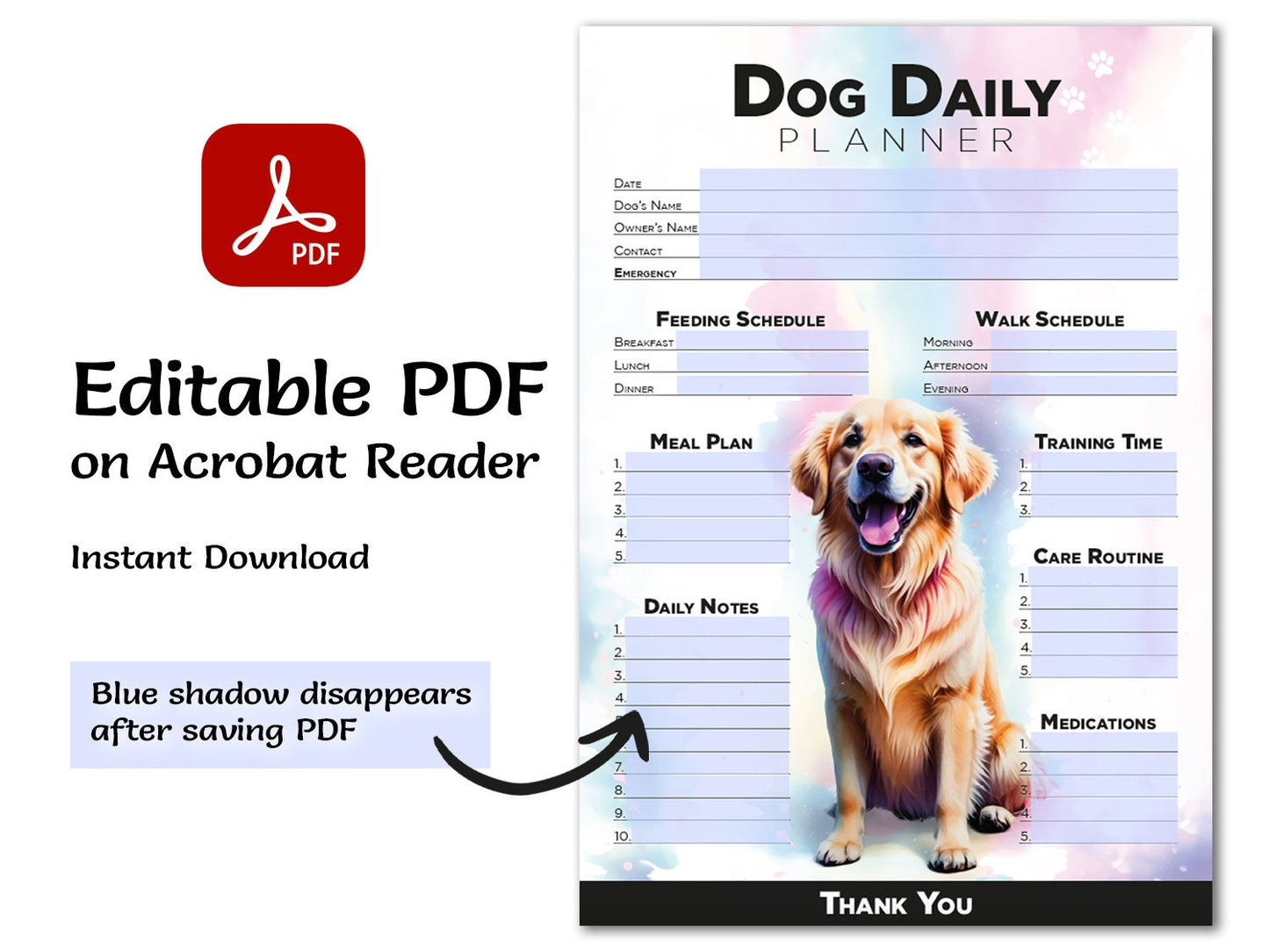 Editable Printable and Digital use Golden Retriever Dog Daily planner schedule Planner Sheet PDF dog tasks, Dog lover, dog sitting gift home