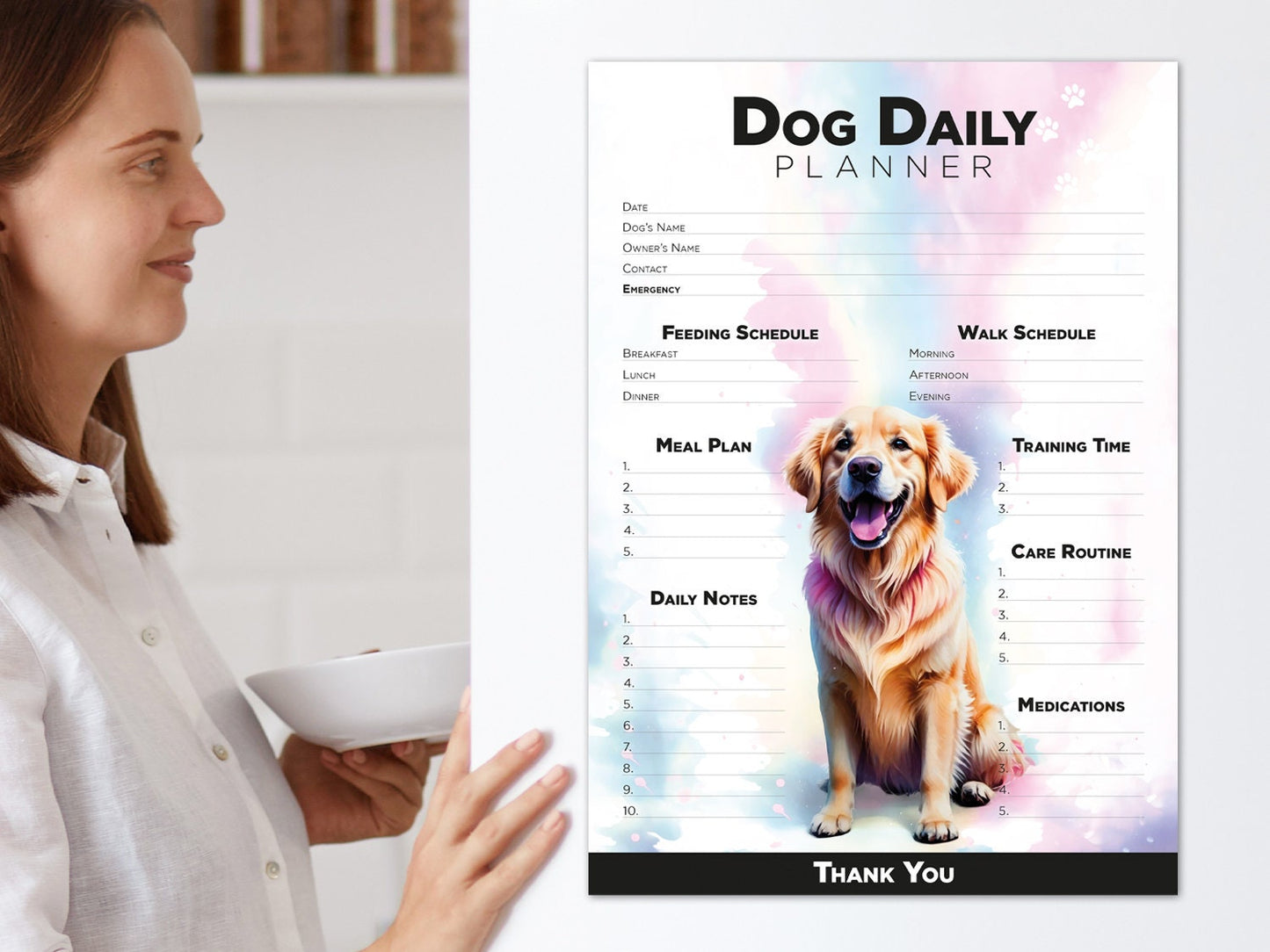 Editable Printable and Digital use Golden Retriever Dog Daily planner schedule Planner Sheet PDF dog tasks, Dog lover, dog sitting gift home