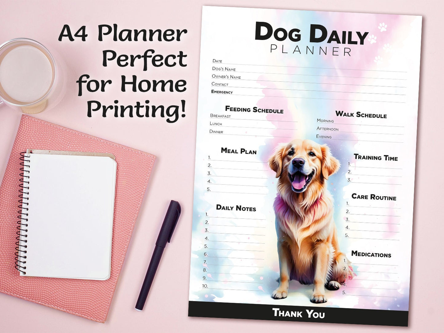 Editable Printable and Digital use Golden Retriever Dog Daily planner schedule Planner Sheet PDF dog tasks, Dog lover, dog sitting gift home