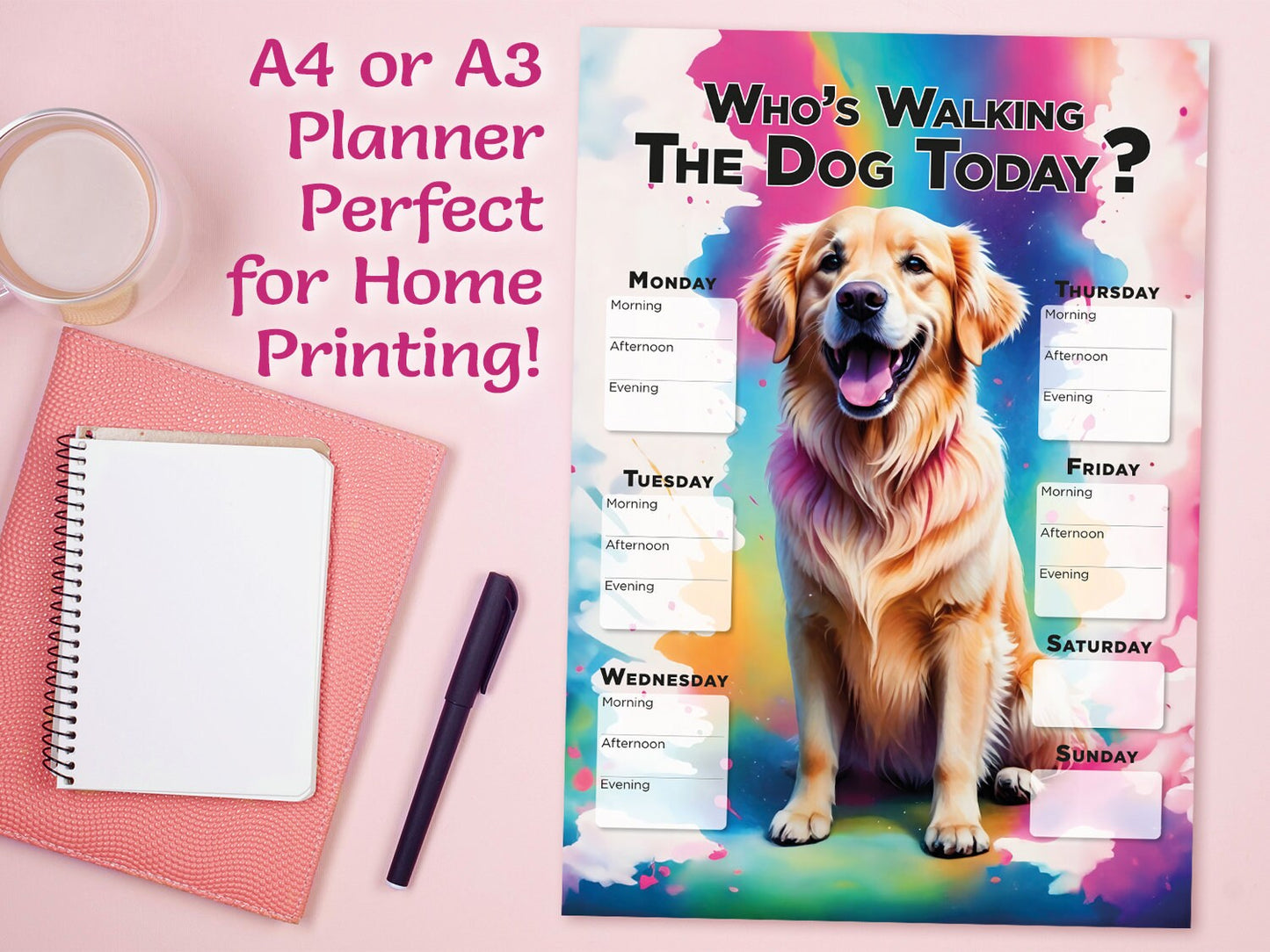 Printable Golden Retriever Dog weekly walking planner schedule, Planner Sheet for dog walking, Dog lover gift, family gift home kitchen fun