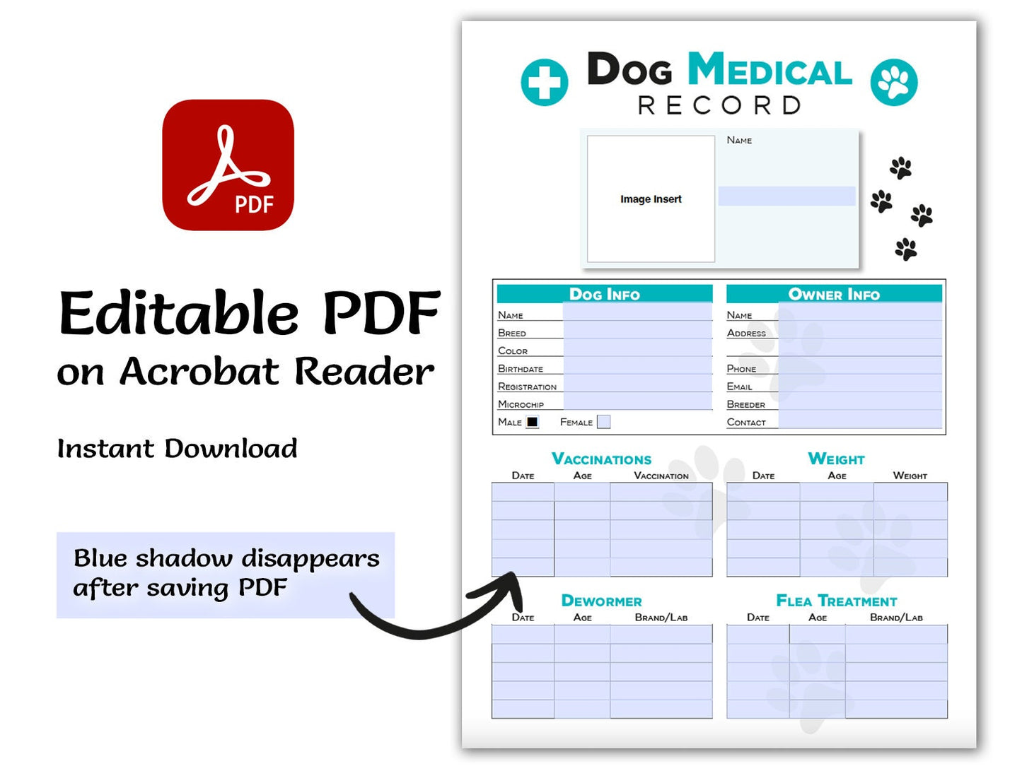 Editable Printable and Digital use Dog Medical Record schedule Planner Sheet PDF Vet Health Tracker, Manual Fulfillment, Dog sitting gift
