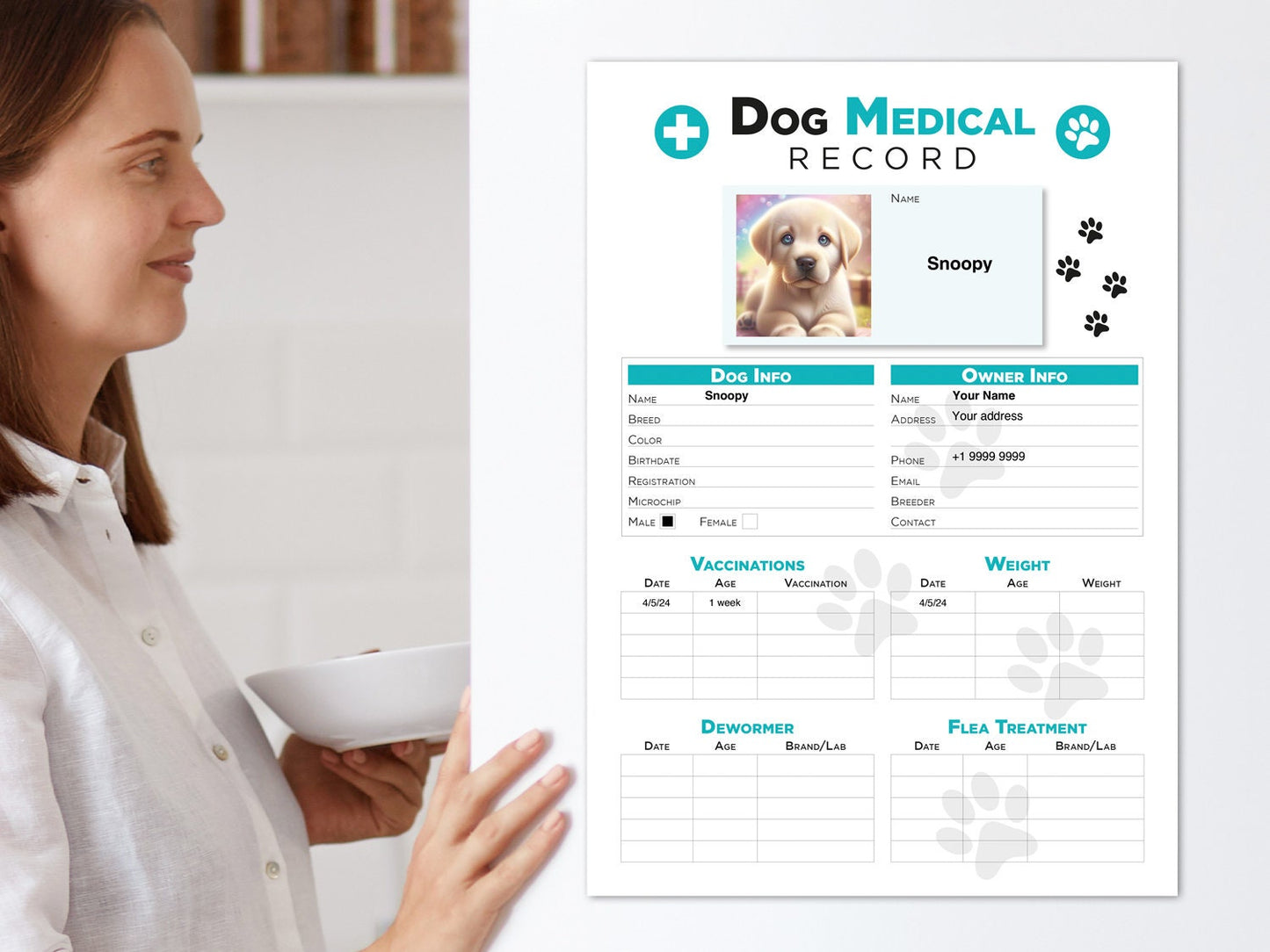 Editable Printable and Digital use Dog Medical Record schedule Planner Sheet PDF Vet Health Tracker, Manual Fulfillment, Dog sitting gift