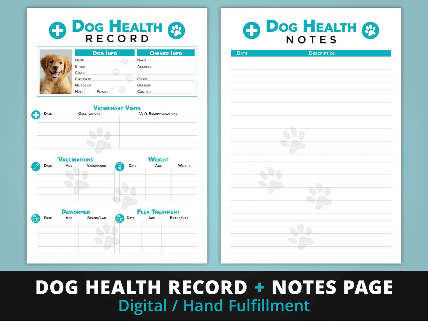Dog Health Record plus sheet Notes