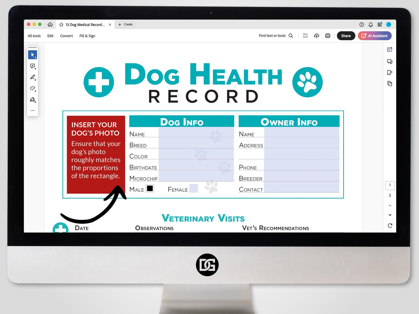 Insert dog's Photo. Editable Printable and Digital use Dog Health Record schedule Planner Sheet PDF Vet Health Tracker vaccination veterinary medication Notes