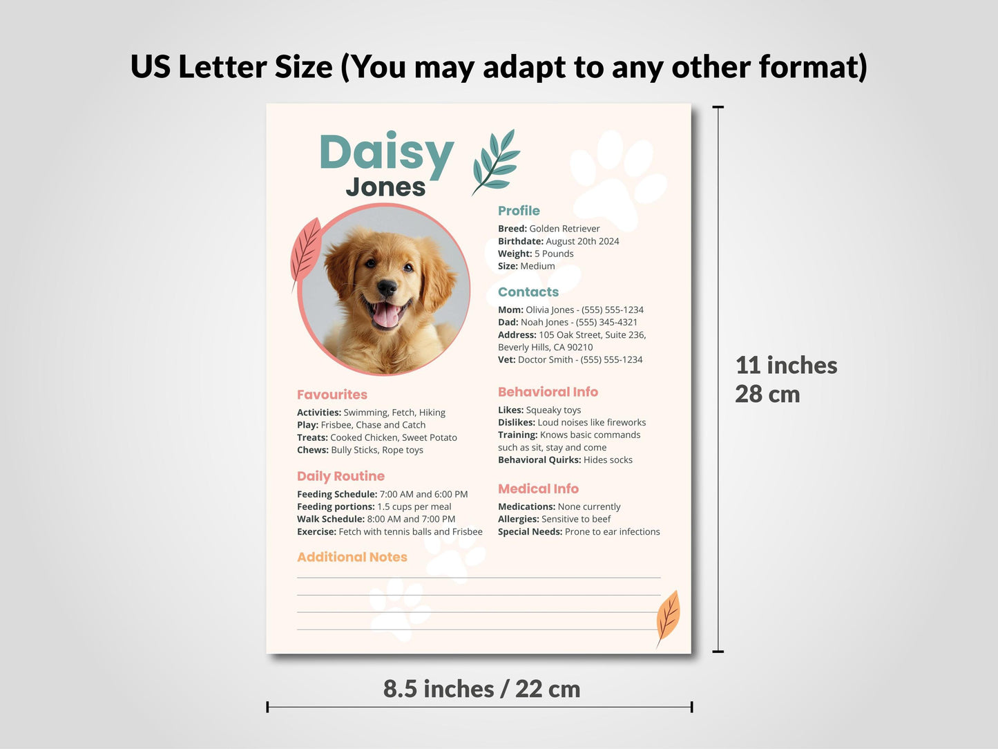 Pet Profile CANVA Template Printable Instant Digital Download Pet Sitter Notes, dog Information pet Printable Notes dog sitting puppy care
