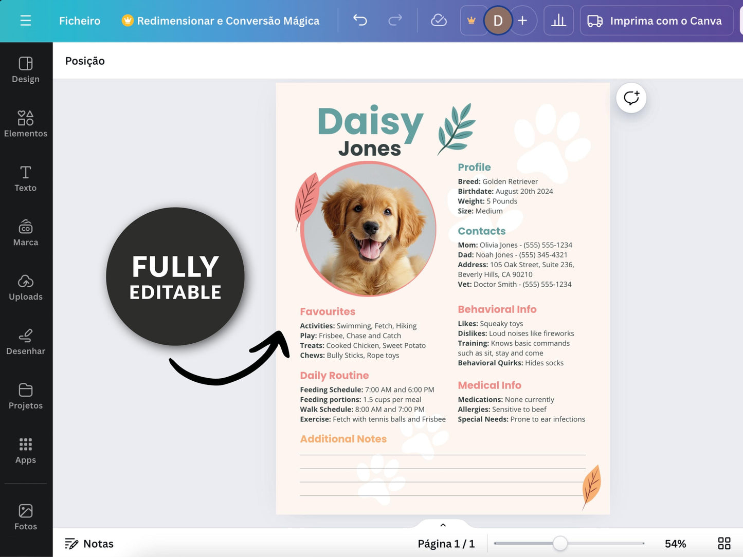 fully editable Pet Profile CANVA Template Printable Instant Digital Download Pet Sitter Notes, dog Information pet Printable Notes dog sitting puppy care