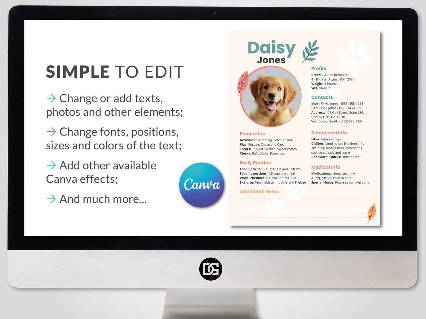 Pet Profile CANVA Template Printable Instant Digital Download Pet Sitter Notes, dog Information pet Printable Notes dog sitting puppy care