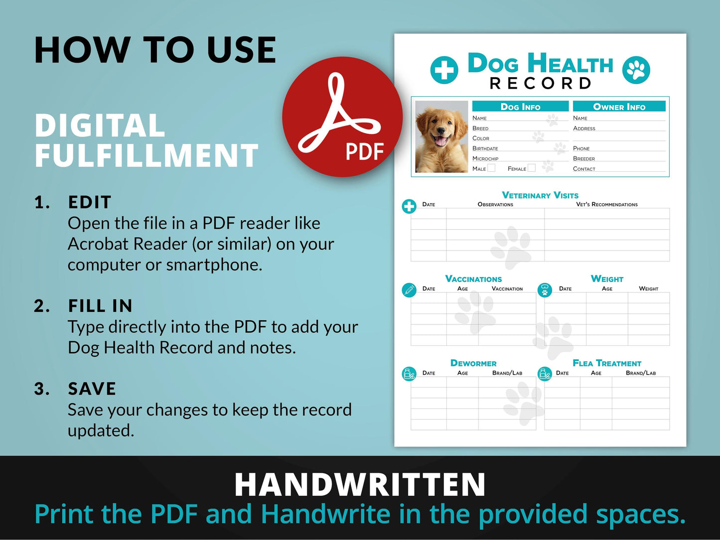 How to Use. Editable Printable and Digital use Dog Health Record schedule Planner Sheet PDF Vet Health Tracker vaccination veterinary medication Notes