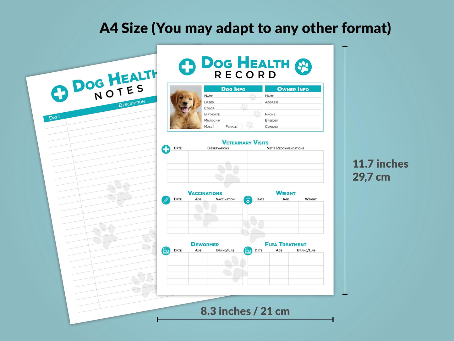 Size: Editable Printable and Digital use Dog Health Record schedule Planner Sheet PDF Vet Health Tracker vaccination veterinary medication Notes