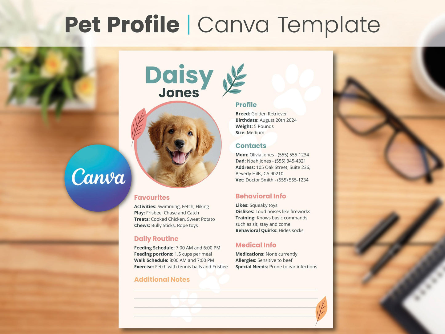 Pet Profile CANVA Template Printable Instant Digital Download Pet Sitter Notes, dog Information pet Printable Notes dog sitting puppy care