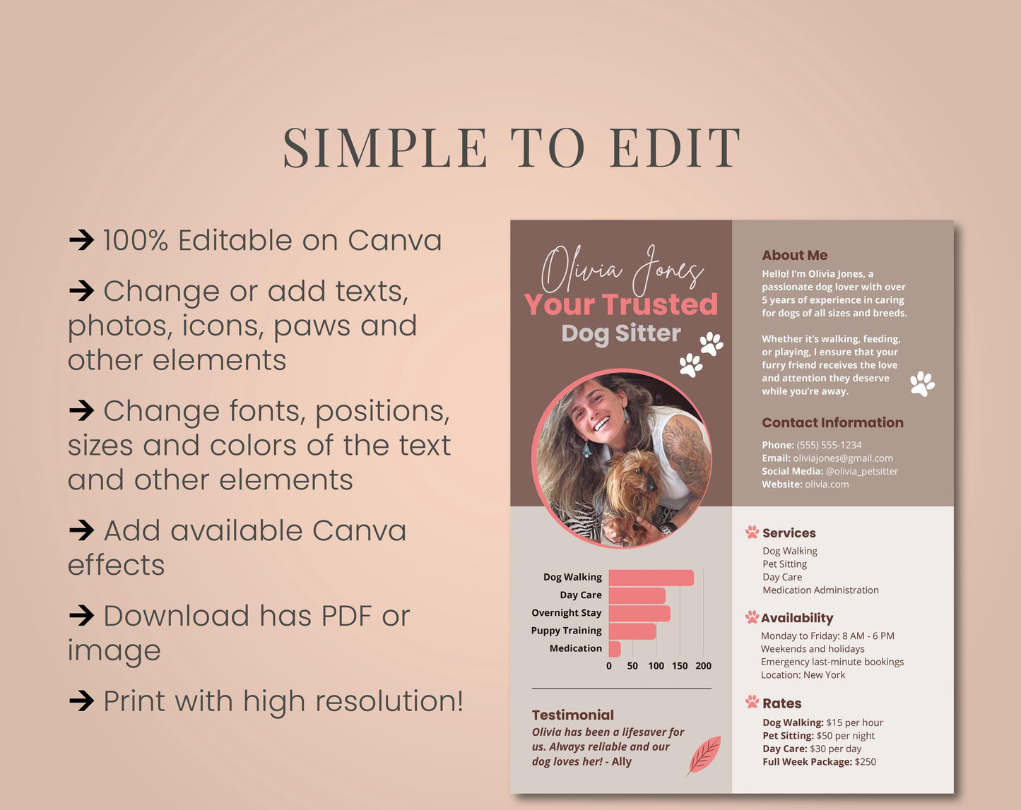 Simple to edit Dog Sitter Kit Profile notes CANVA Template resume editable Professional Pet Care Services Resume custom Media Kit dog sitting Pet Sitting
