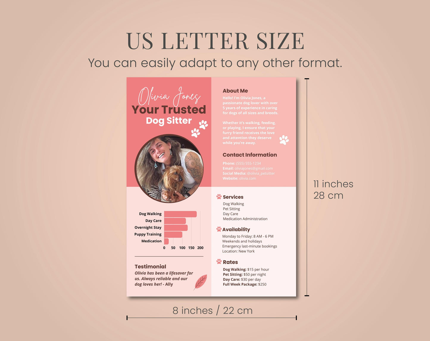 US Letter Size. Dog Sitter Kit Profile notes CANVA Template resume editable Professional Pet Care Services Resume custom Media Kit dog sitting Pet Sitting