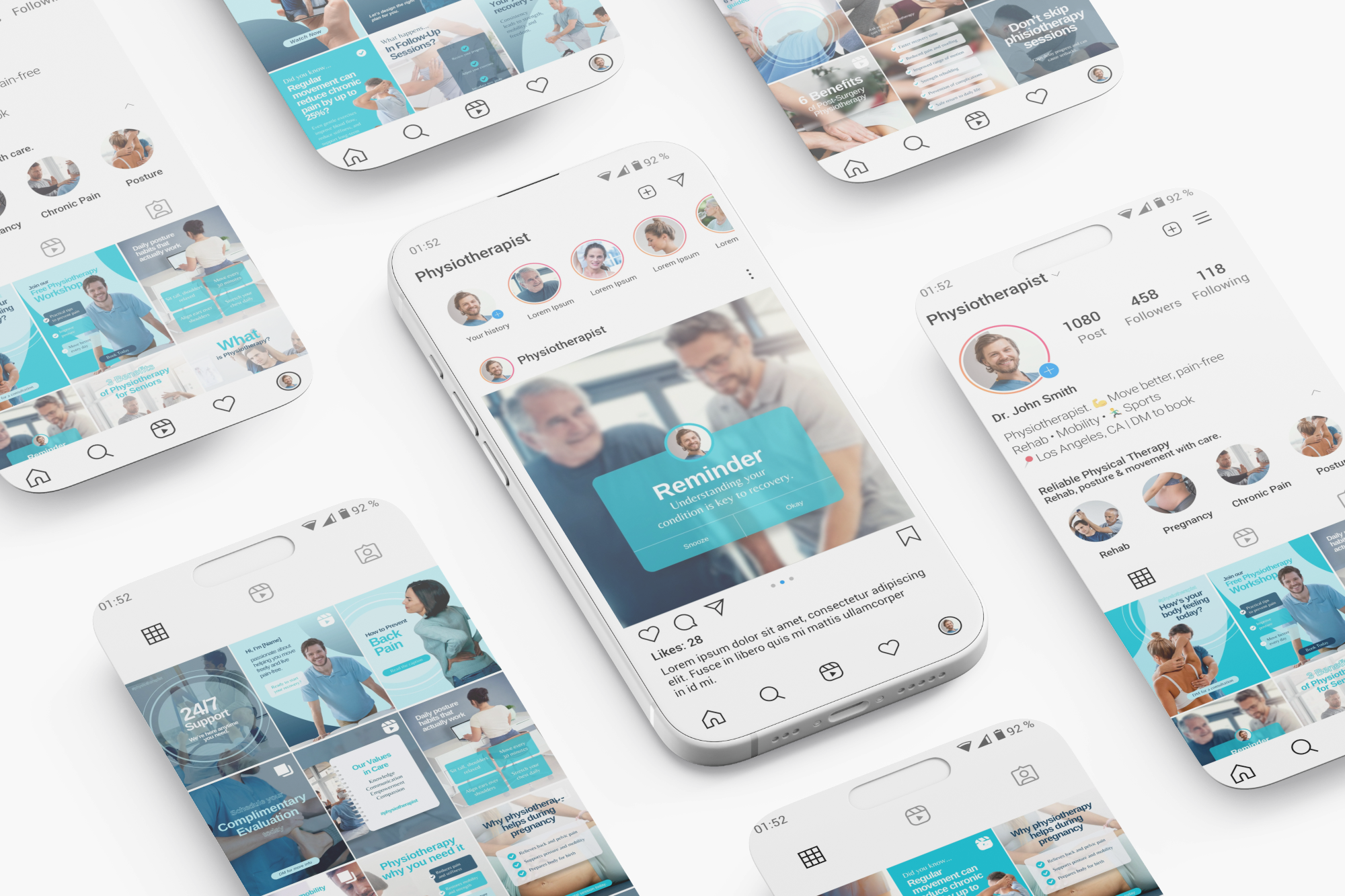 Multiple smartphone screens displaying a healthcare app interface with patient profiles and reminders.