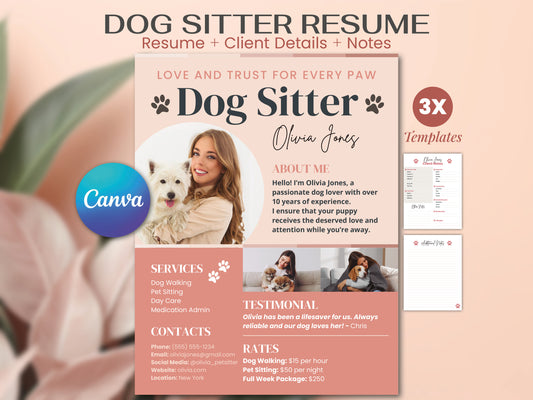 Dog Sitter Resume Template - Editable Canva Design