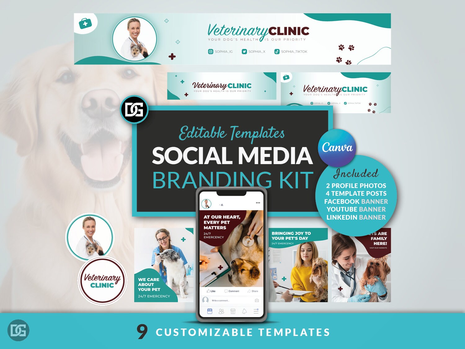 Editable Canva template, DIY social media kit Canva design, Linkedin YouTube Facebook templates, customizable banner posts and profile photo