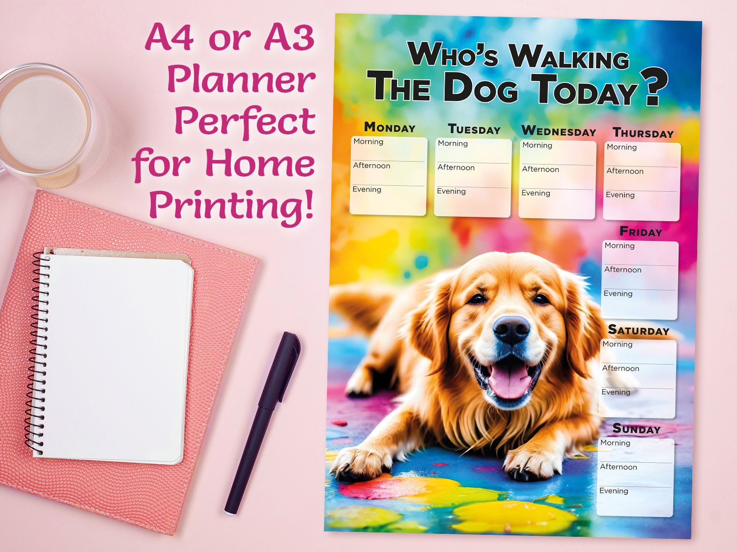 Printable planner Walking Dog weekly schedule, Planner Sheet for dog walking Dog lover gift family organizer planner family Golden Retriever