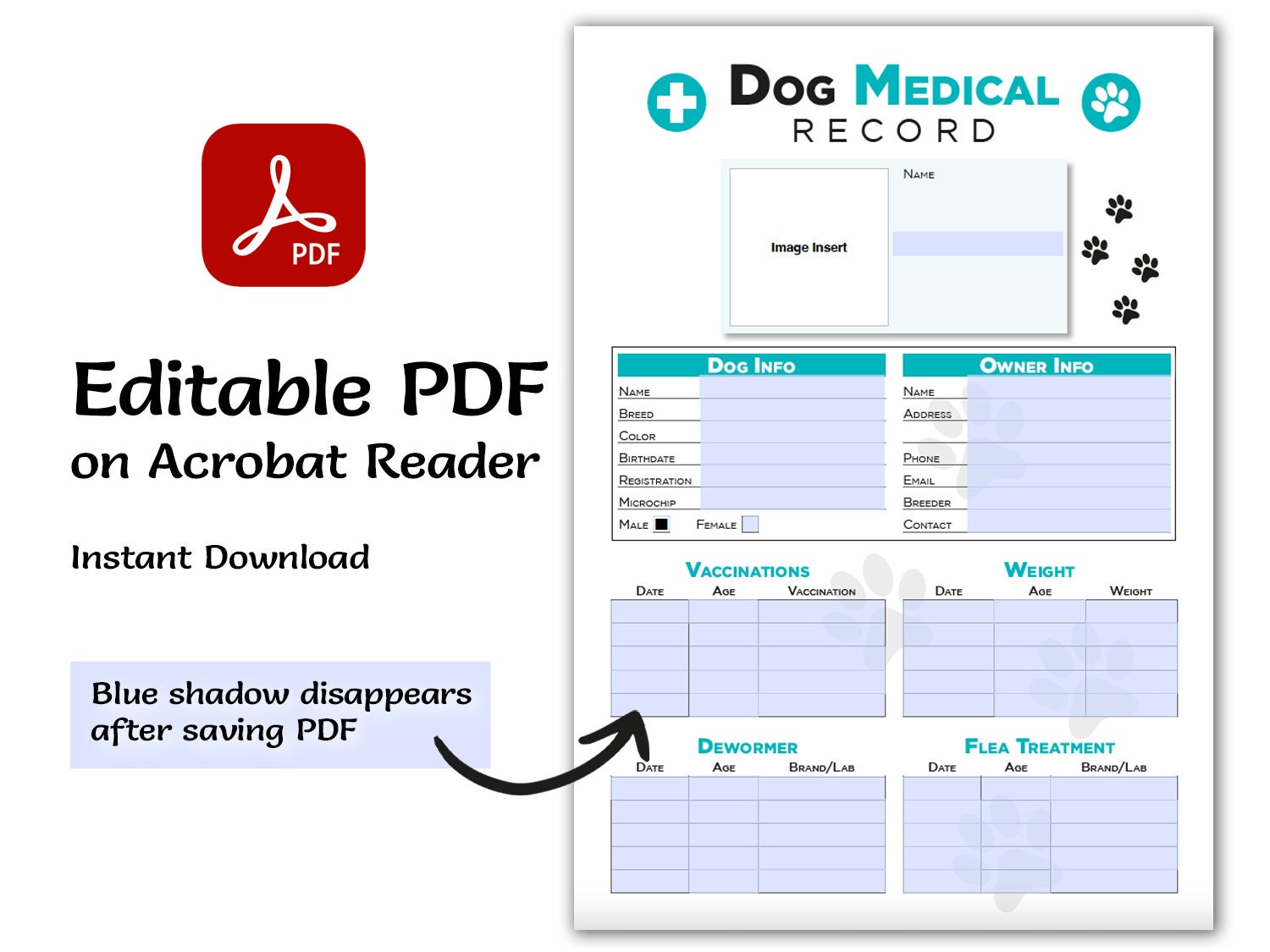 Editable Printable and Digital use Dog Medical Record schedule Planner Sheet PDF Vet Health Tracker, Manual Fulfillment, Dog sitting gift