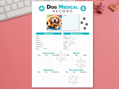 Editable Printable and Digital use Dog Medical Record schedule Planner Sheet PDF Vet Health Tracker, Manual Fulfillment, Dog sitting gift