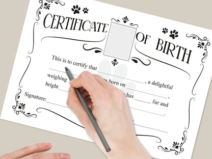 Dog birth certificate home printable and editable. Manual and Digital fulfill.