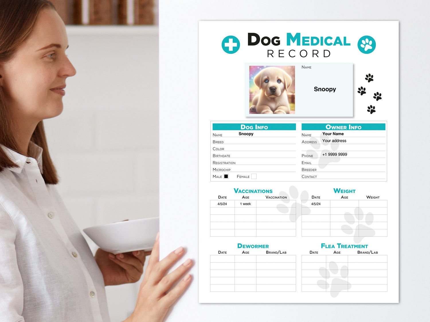 Editable Printable and Digital use Dog Medical Record schedule Planner Sheet PDF Vet Health Tracker, Manual Fulfillment, Dog sitting gift