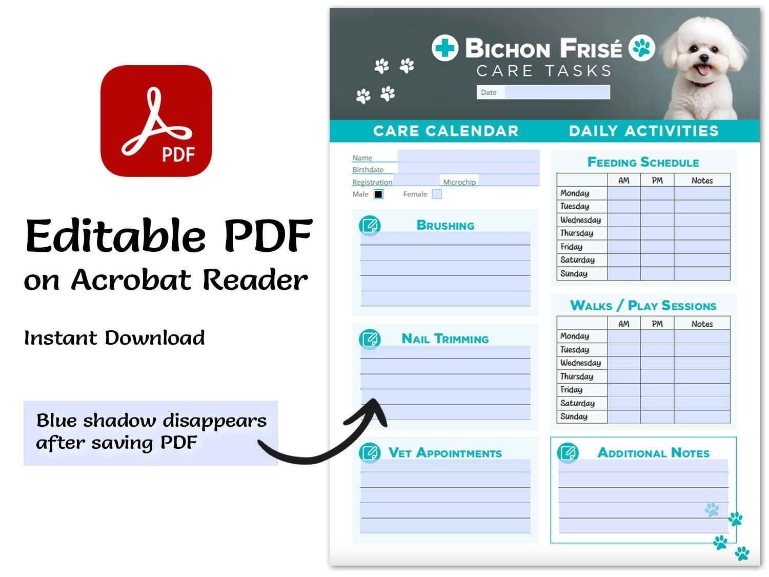 Bichon Frisé care tasks, editable in Acrobat reader