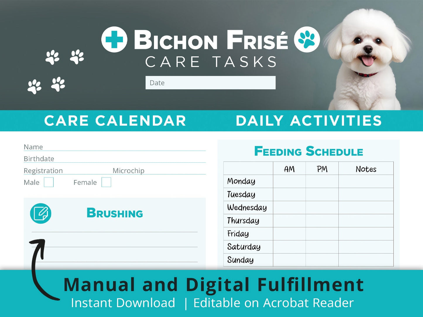 Bichon Frise Care Schedule printable and digital planner for vet visits care organizer grooming walks nail pet sitting tracker perfect gift