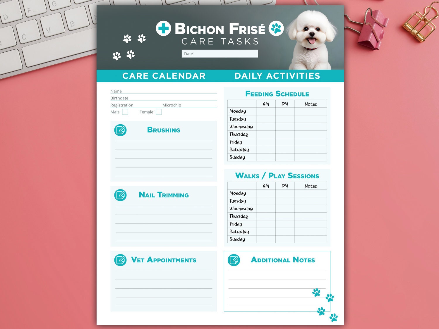 Bichon Frisé care tasks, brushing, nail trimming, vet appointments, feeding schedule, walks, play sessions, addicional notes