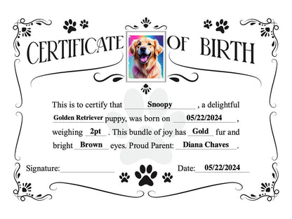 Dog birth certificate home printable and editable. Manual and Digital fulfill.