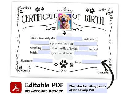 Dog birth certificate. Edit on Acrobat. On computer or smartphone.