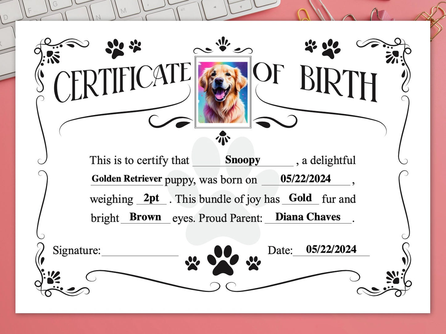 Dog birth certificate home printable and editable. Manual and Digital fulfill.