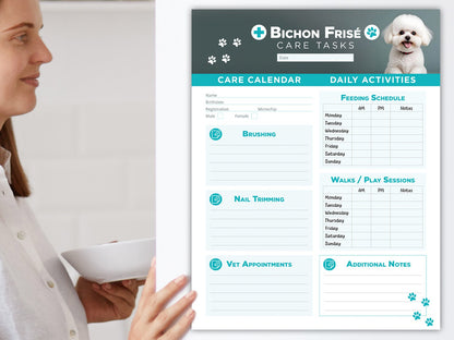 Bichon Frise Care Schedule printable and digital planner for vet visits care organizer grooming walks nail pet sitting tracker perfect gift