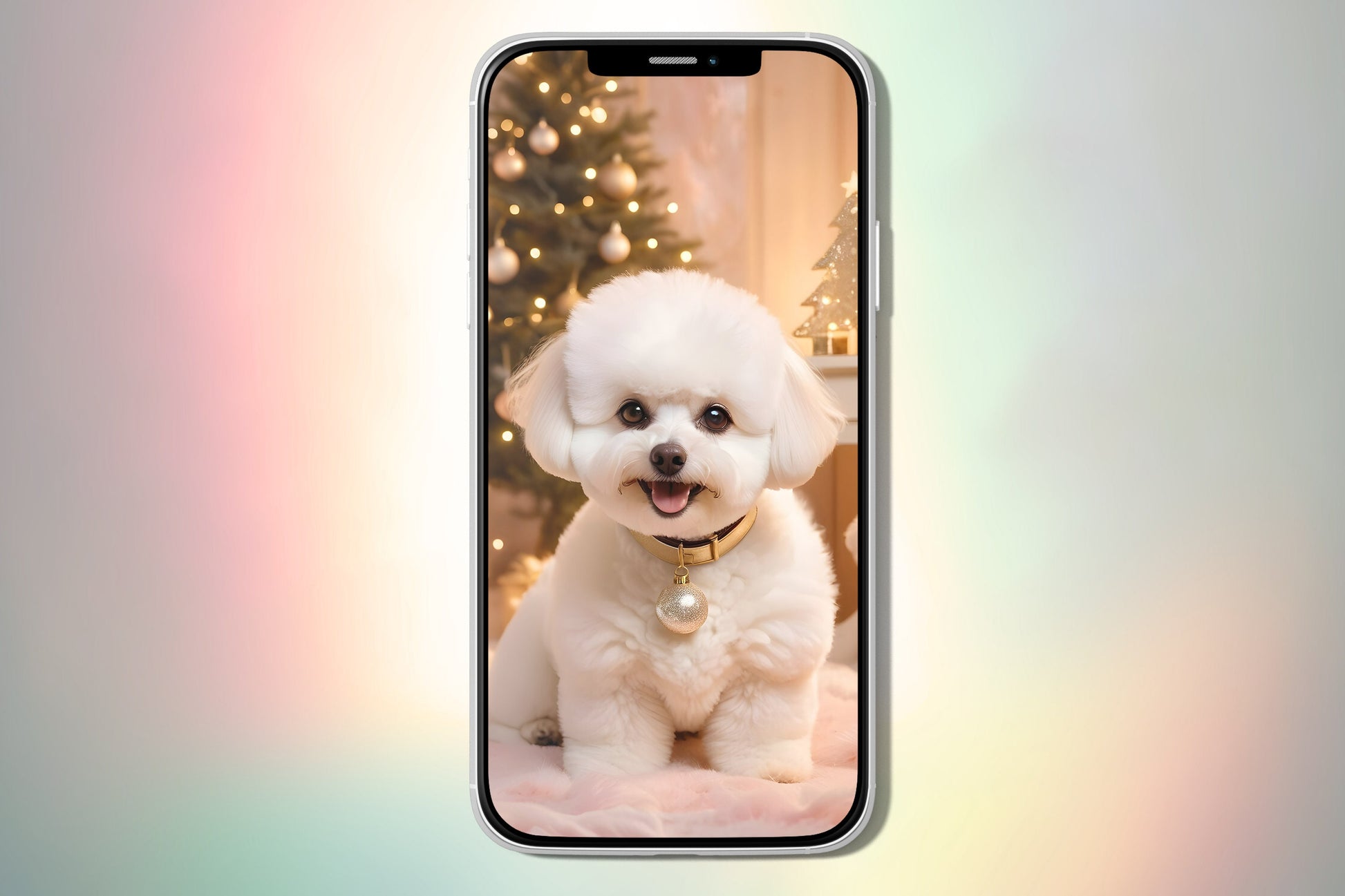 Bichon Frise Puppy Christmas Theme - iPhone wallpaper cute puppy dog lovers screen smartphone Christmas bundle wallpaper art background