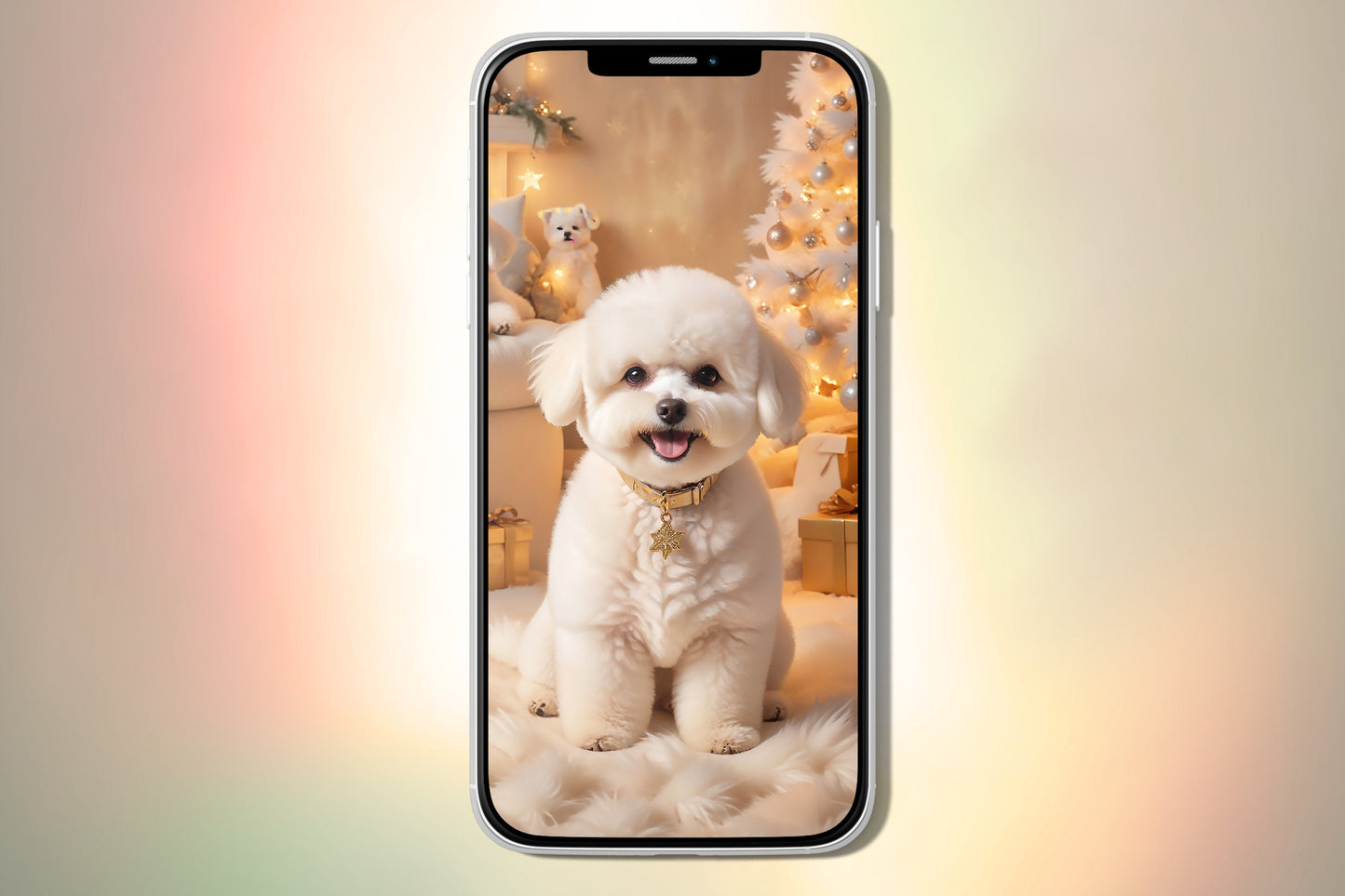 Bichon Frise Puppy Christmas Theme - iPhone wallpaper cute puppy dog lovers screen smartphone Christmas bundle wallpaper art background