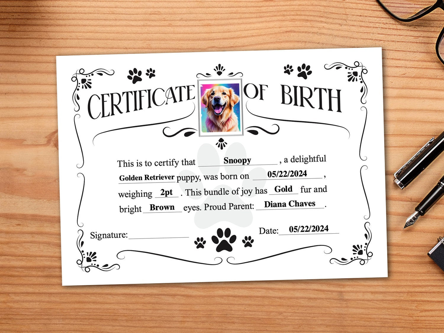 Dog birth certificate home printable and editable. Manual and Digital fullfilment