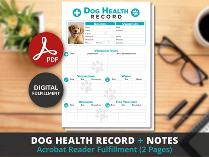 Editable Printable and Digital use Dog Health Record schedule Planner Sheet PDF Vet Health Tracker vaccination veterinary medication Notes