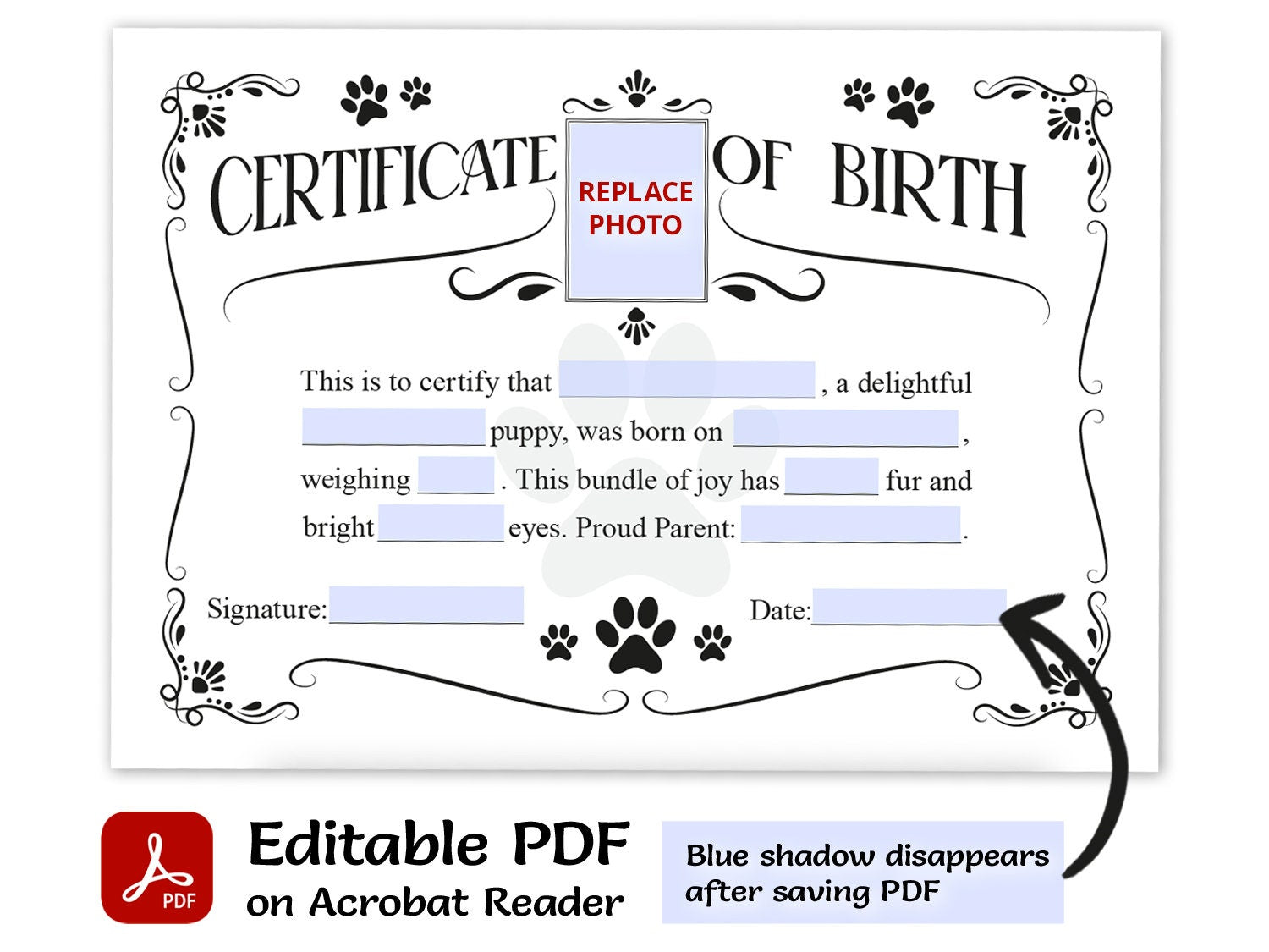 Editable Dog Birth Certificate Printable and Digital use Girl or Boy Puppy Gender Personalized Template Breede Instant Download home print