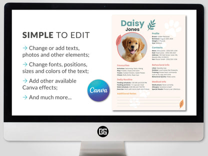 Pet Profile CANVA Template Printable Instant Digital Download Pet Sitter Notes, dog Information pet Printable Notes dog sitting puppy care