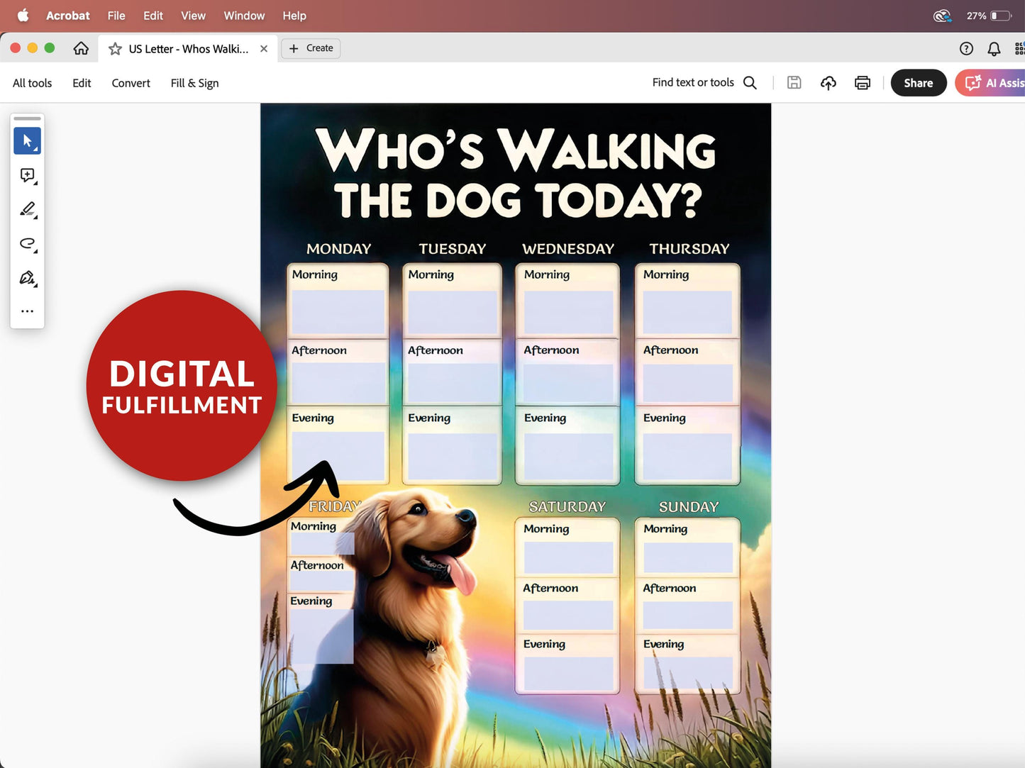 Digital Fulfillment. Dog Weekly Planner Pet sitting record walking training Printable Instant Digital Download pdf easy fulfillment Notes schedule care familly