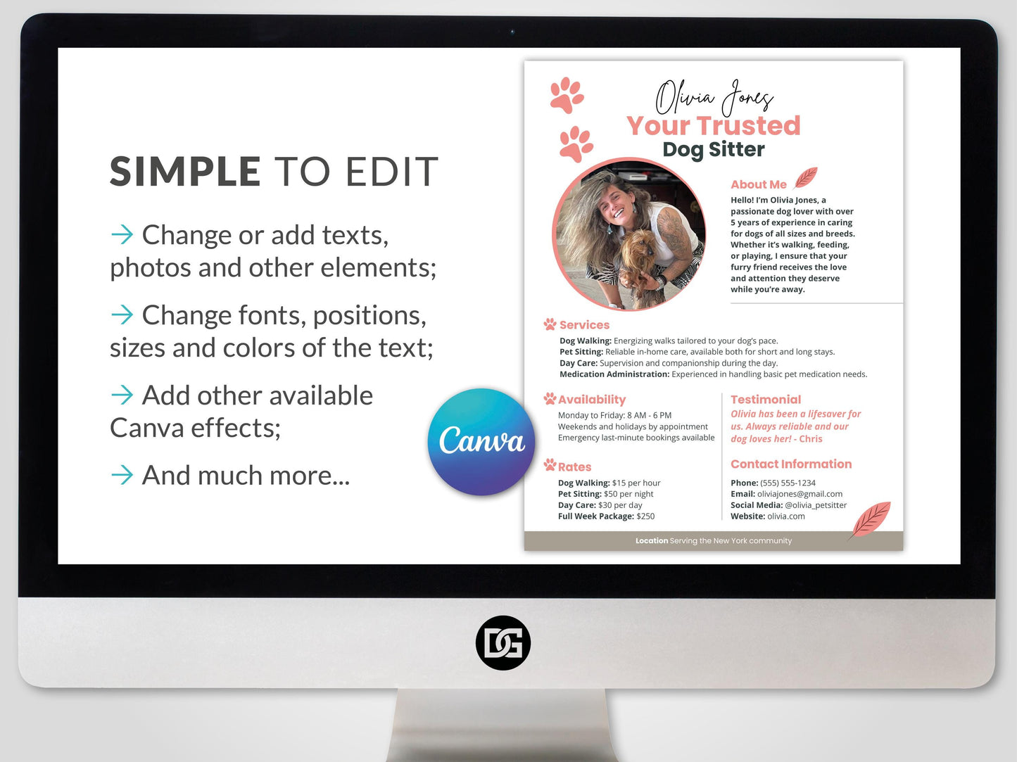 Simple to use. Dog Sitter Profile CANVA Template Customizable Professional Pet Care Services Brochure Digital Download custom dog sitting Pet Sitting Ad