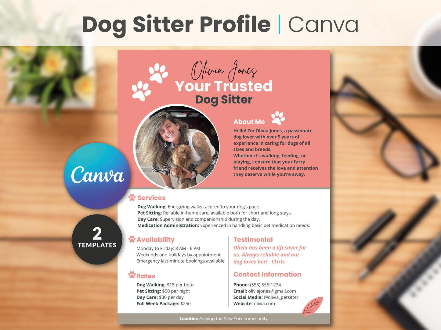 Dog Sitter Profile CANVA Template Customizable Professional Pet Care Services Brochure Digital Download custom dog sitting Pet Sitting Ad