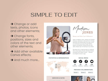 Media Kit Influencer CANVA Editable Template Professional beauty skin care Blogger Press Kit Services Profile instagram tiktok facebook ad