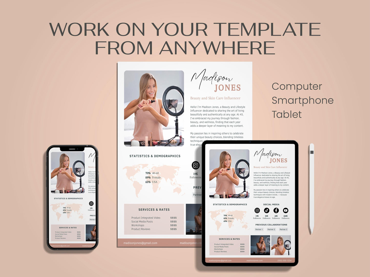 Media Kit Influencer CANVA Editable Template Professional beauty skin care Blogger Press Kit Services Profile instagram tiktok facebook ad