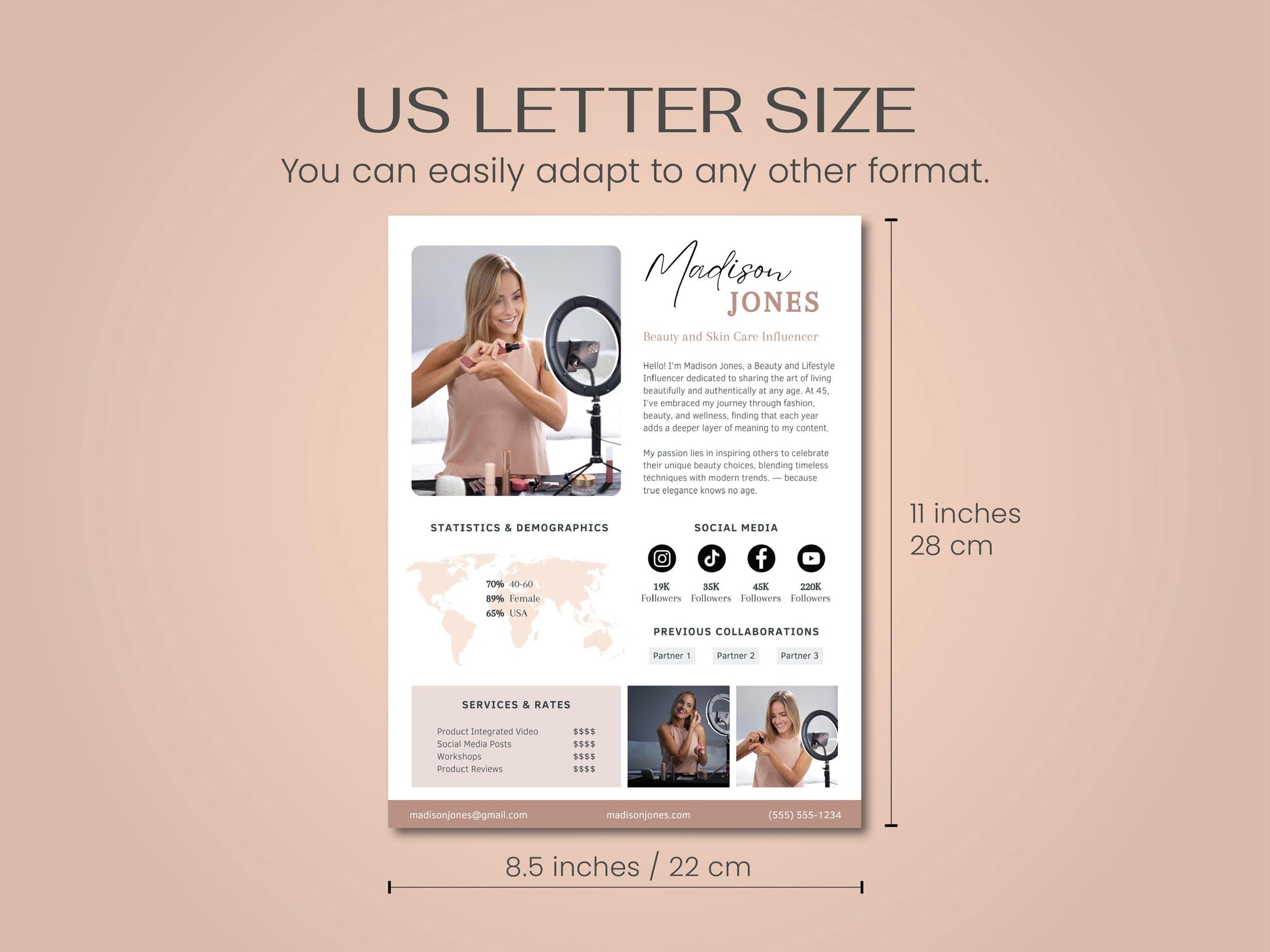 Size: US Letter. Media Kit Influencer CANVA Editable Template Professional beauty skin care Blogger Press Kit Services Profile instagram tiktok facebook ad