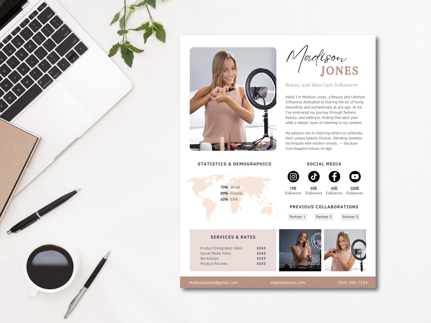 Media Kit Influencer CANVA Editable Template Professional beauty skin care Blogger Press Kit Services Profile instagram tiktok facebook ad