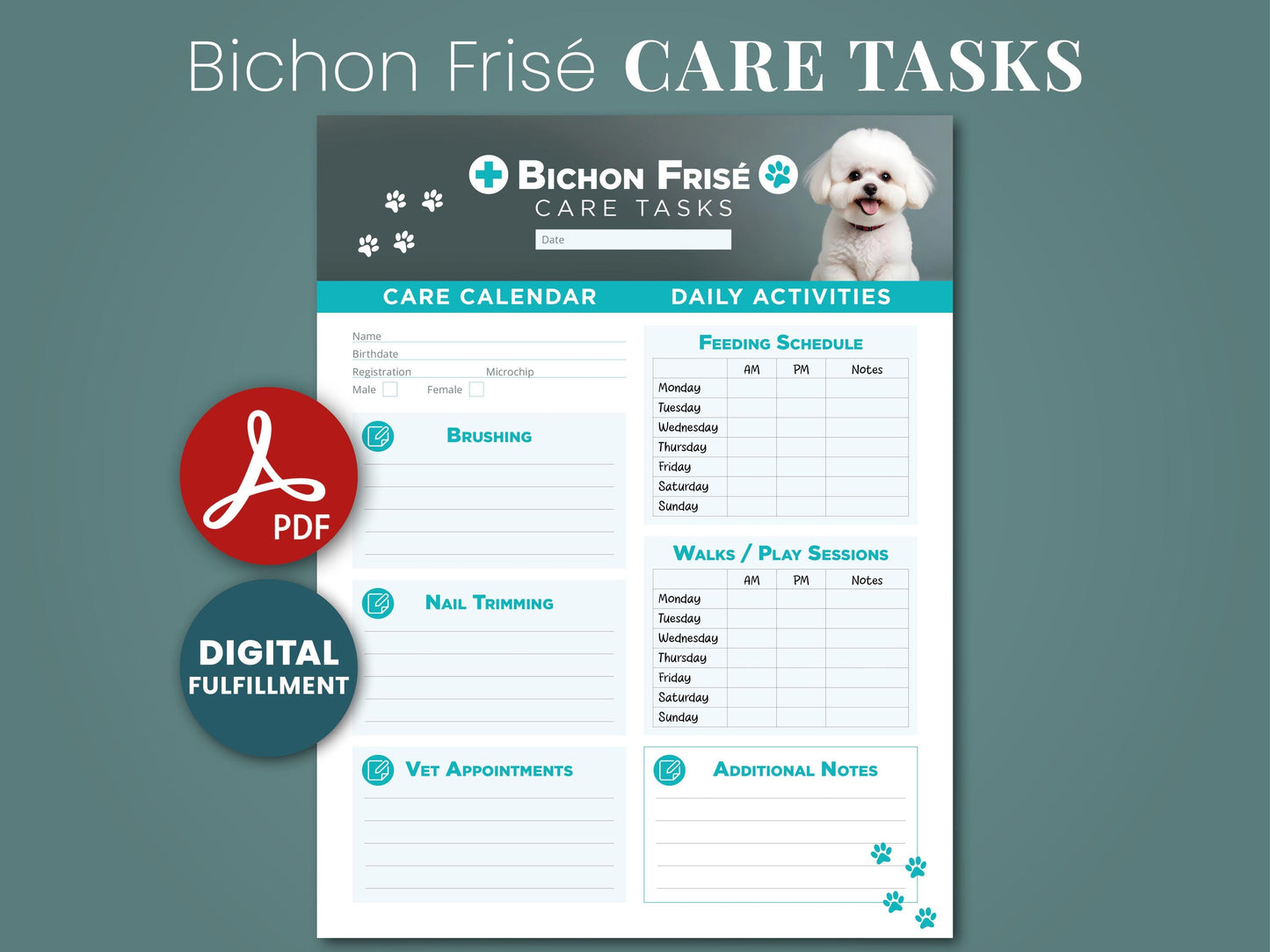 Bichon Frise Care Schedule printable and digital planner for vet visits care organizer grooming walks nail pet sitting tracker perfect gift