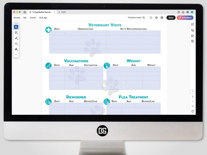 Editable Printable and Digital use Dog Health Record schedule Planner Sheet PDF Vet Health Tracker vaccination veterinary medication Notes