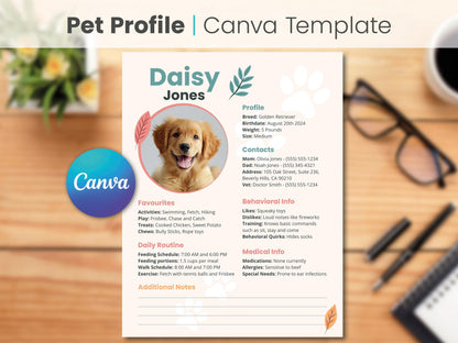 Pet Profile CANVA Template Printable Instant Digital Download Pet Sitter Notes, dog Information pet Printable Notes dog sitting puppy care